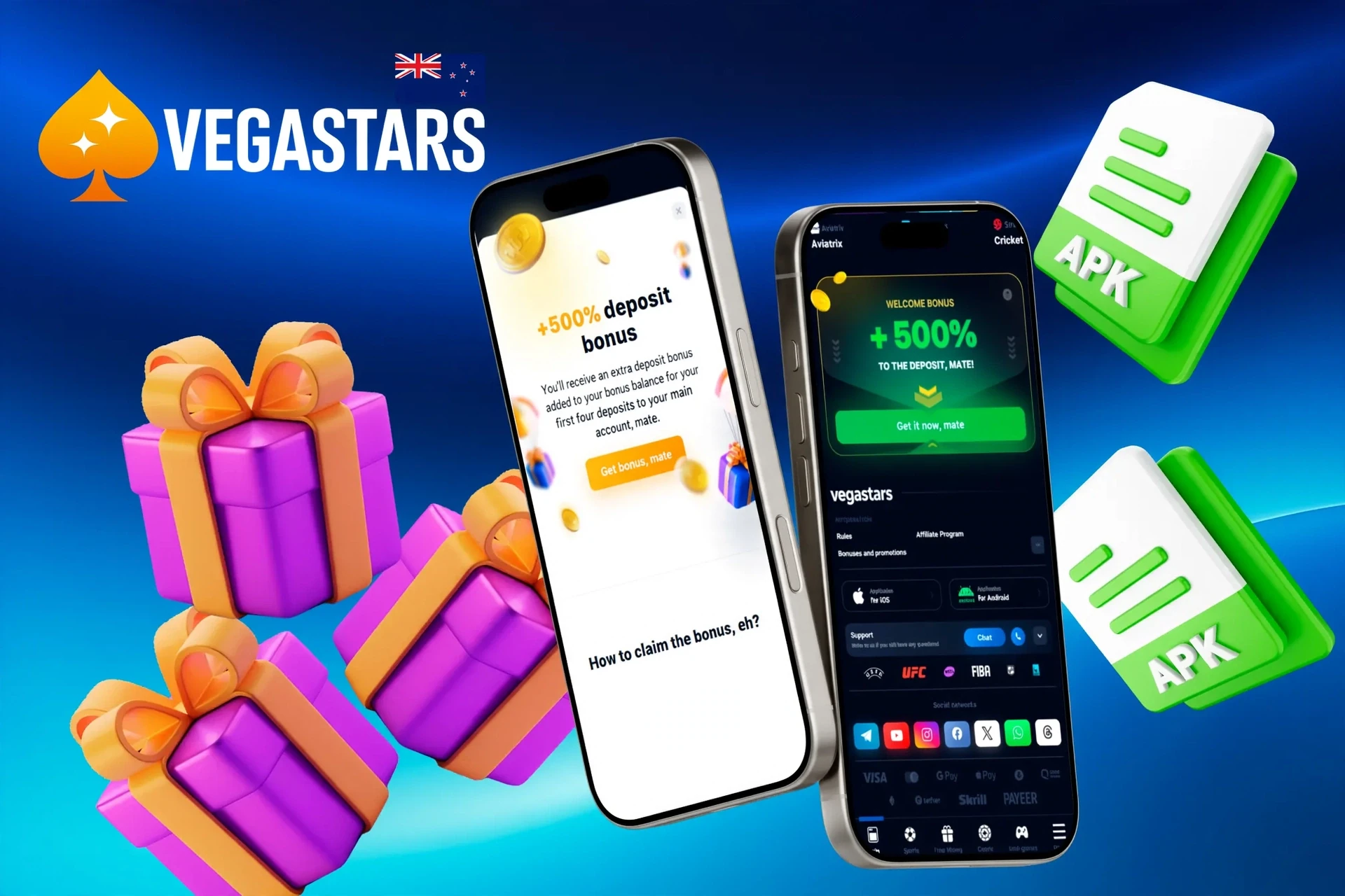 1Win mobile app promotion with 500% deposit bonus and gift box illustration