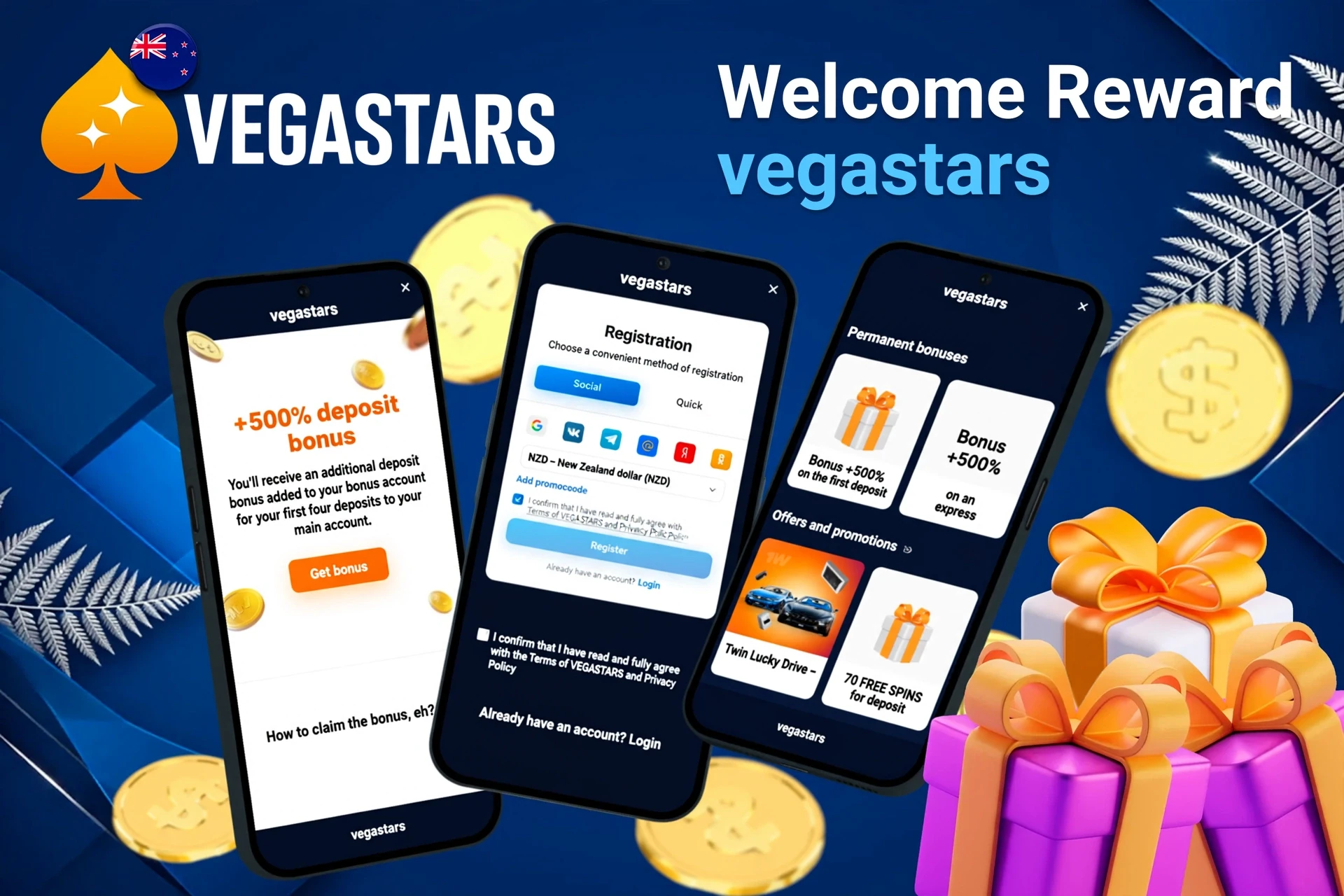 Mobile screens displaying VegaStars registration and welcome bonus of up to NZ$6,000 + 125 Free Spins with gift boxes