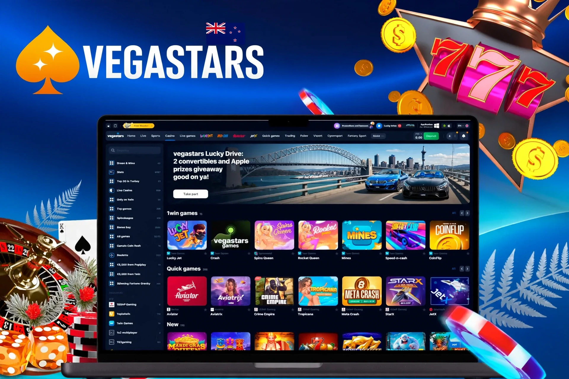 Casino homepage showing a range of slot and crash titles, such as Lucky Jet and Blazing Crown