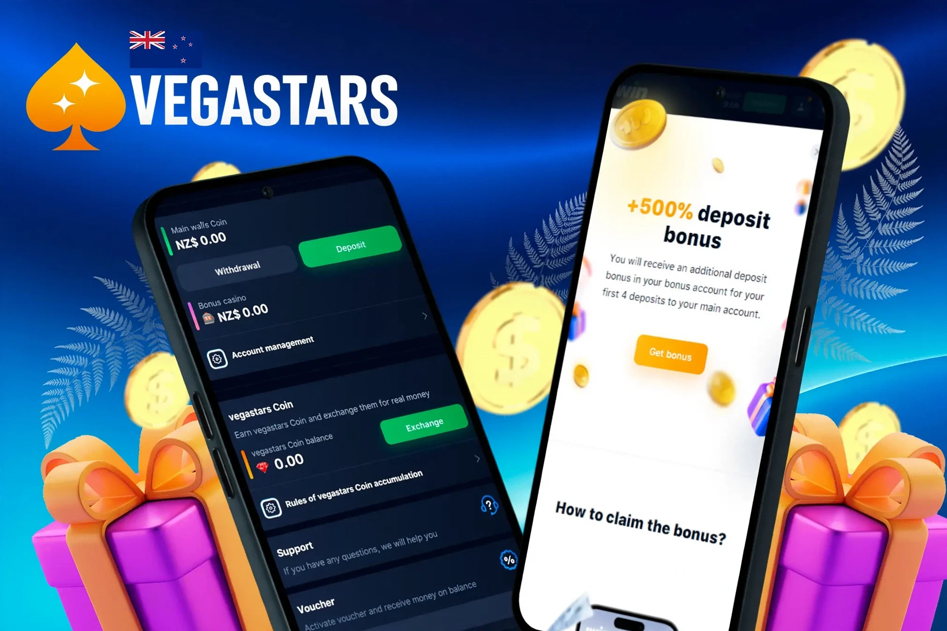deposit and withdrawal screen showing wallet balance, account management options, and a welcome offer up to NZ$6,000 plus 125 Free Spins