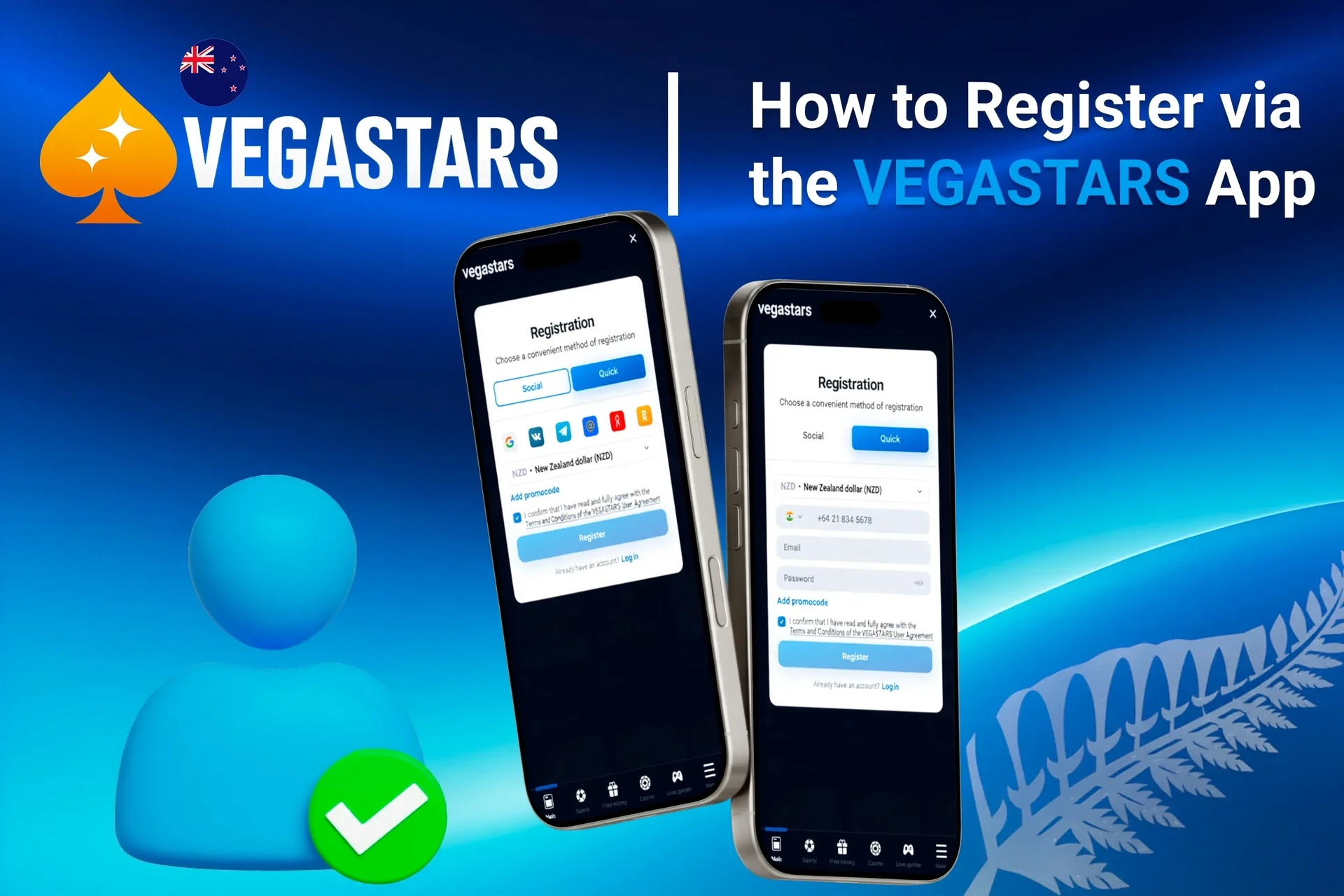 Registration process on the VegaStars mobile app with social login options