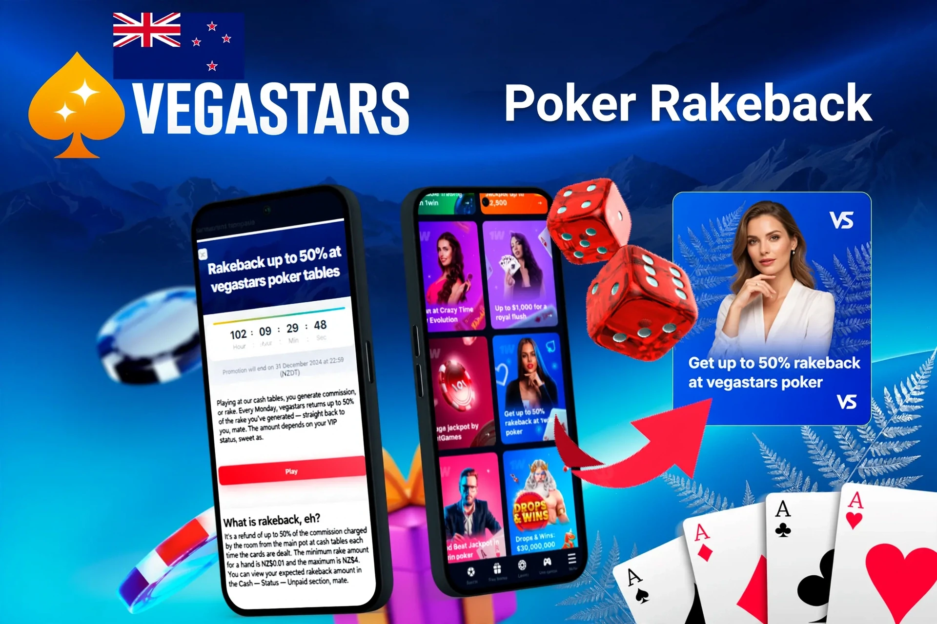Mobile app with VegaStars poker rakeback offer up to 50%, red dice, and playing cards
