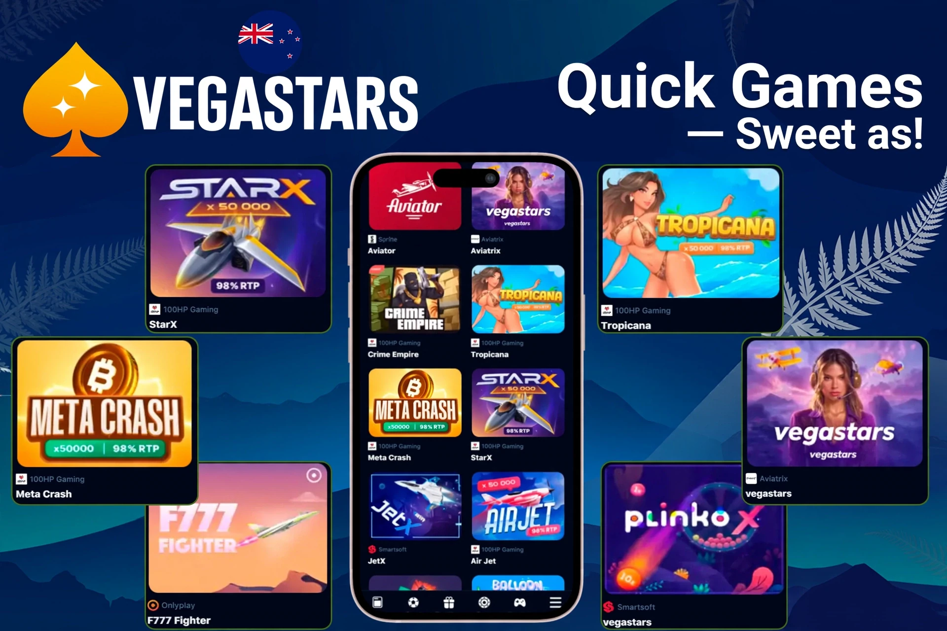 Quick games collection highlighting titles like StarX, Tropicana, Meta Crash and PlinkoX on mobile