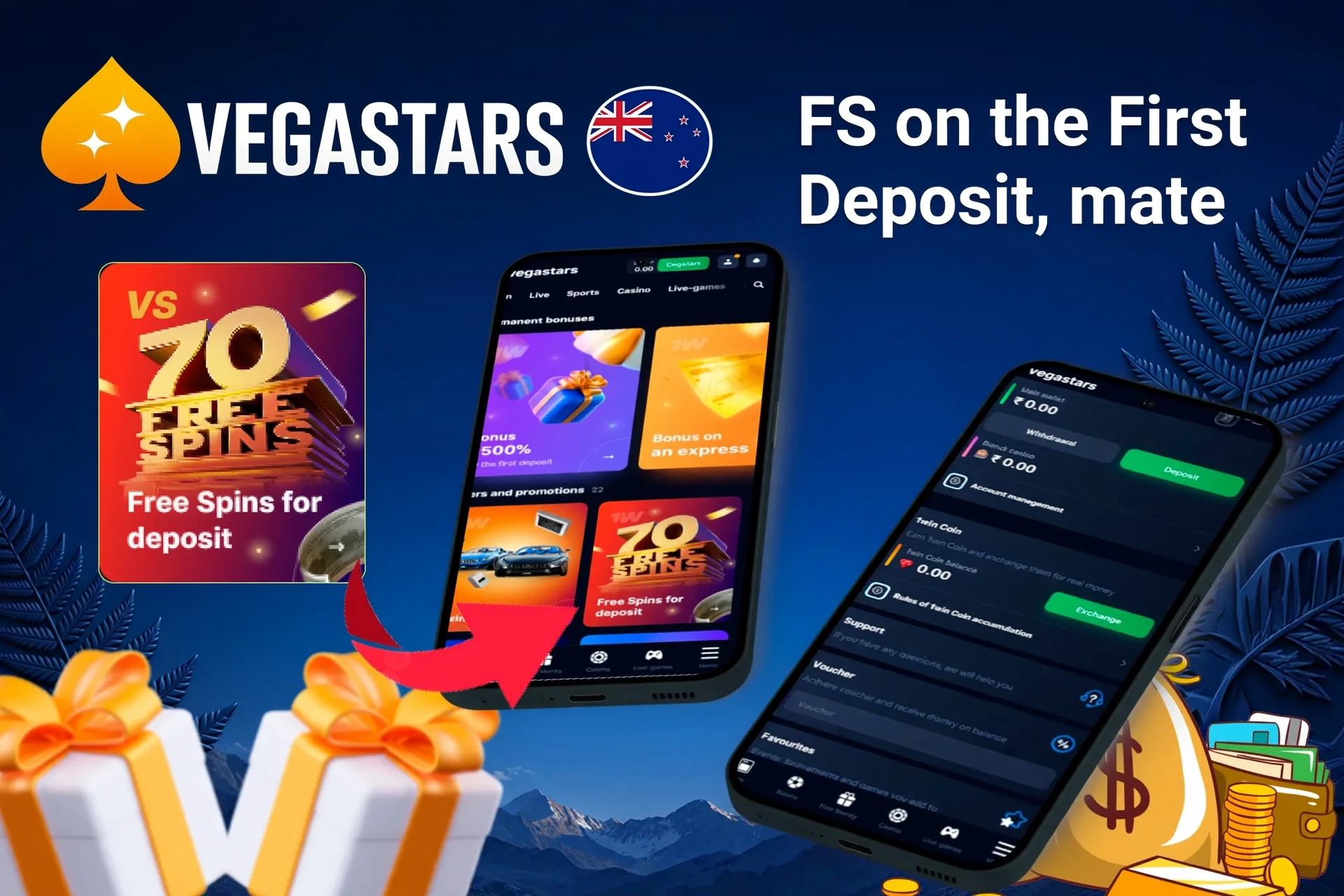 Mobile app showing casino game offers like loyalty program and free spins with poker chips and cards