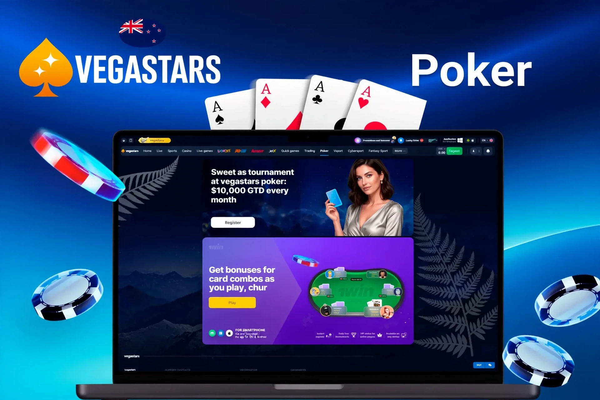 VegaStars poker promotion showcasing a gourmet tournament with NZ$10,000 guaranteed prize and combo bonuses