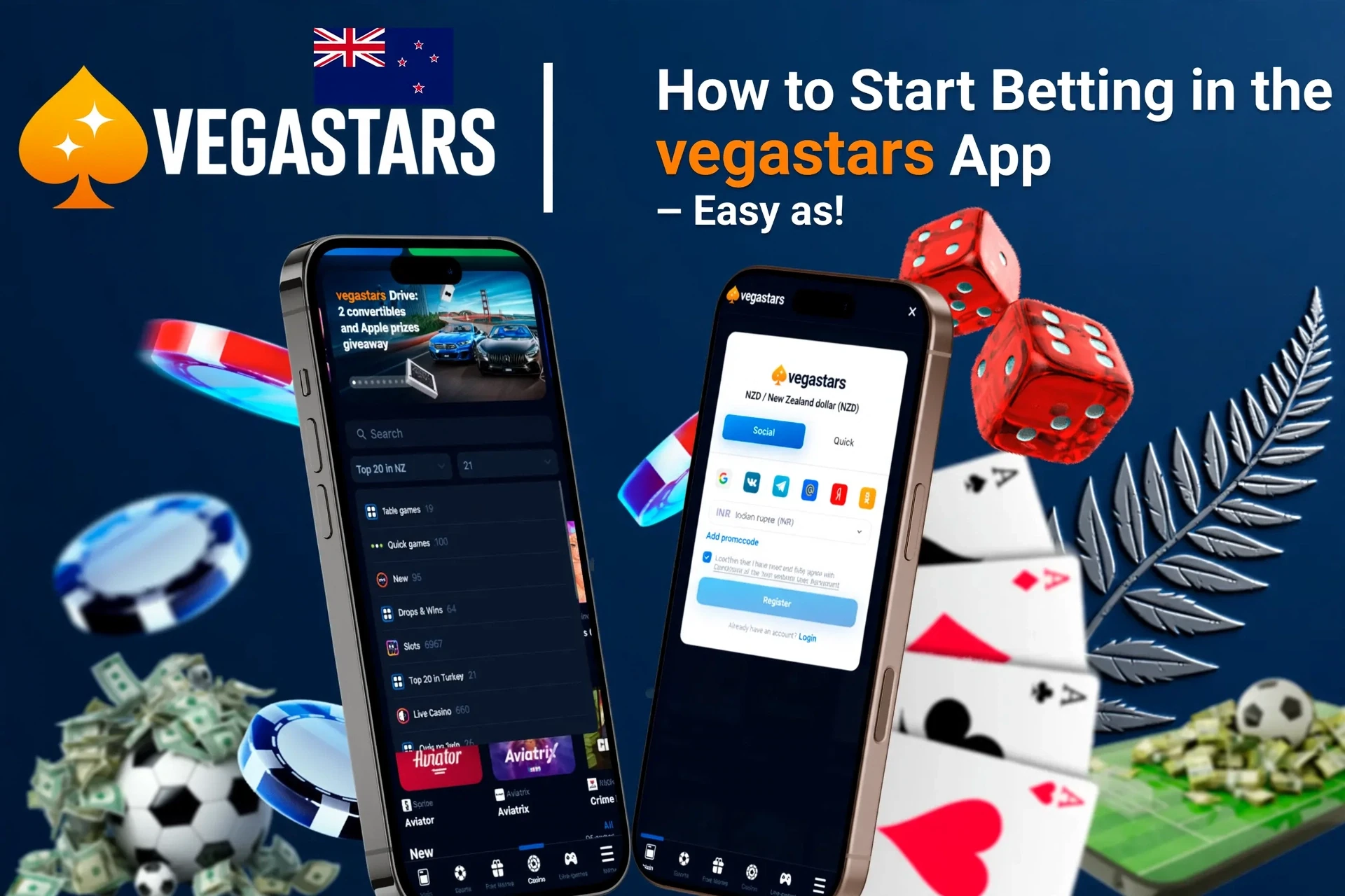 Step-by-step guide to starting betting on the VegaStars app, with registration and game selection shown on mobile screens