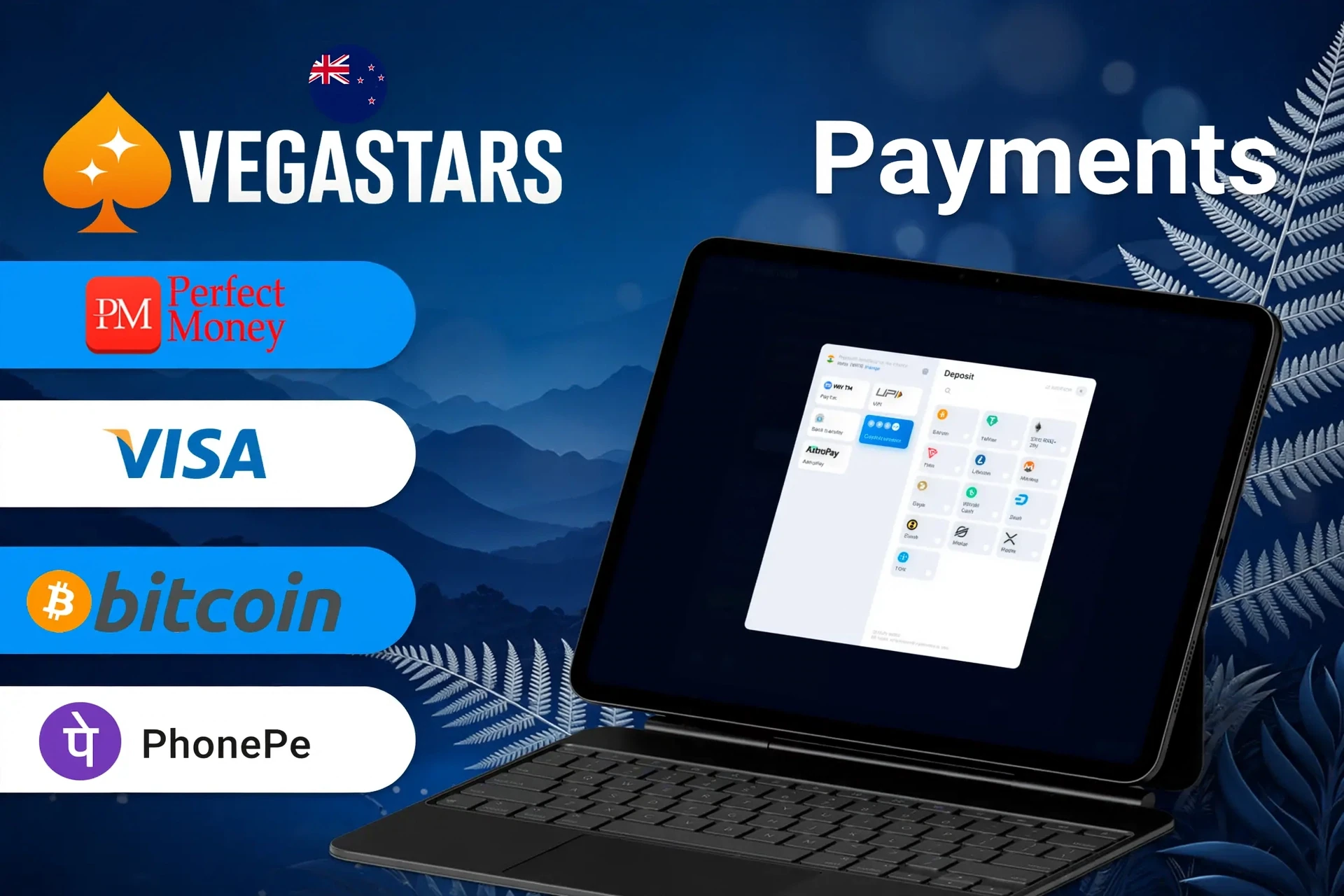 VegaStars payment methods including Revolut, Visa, Bitcoin, and Apple Pay for quick and secure transactions