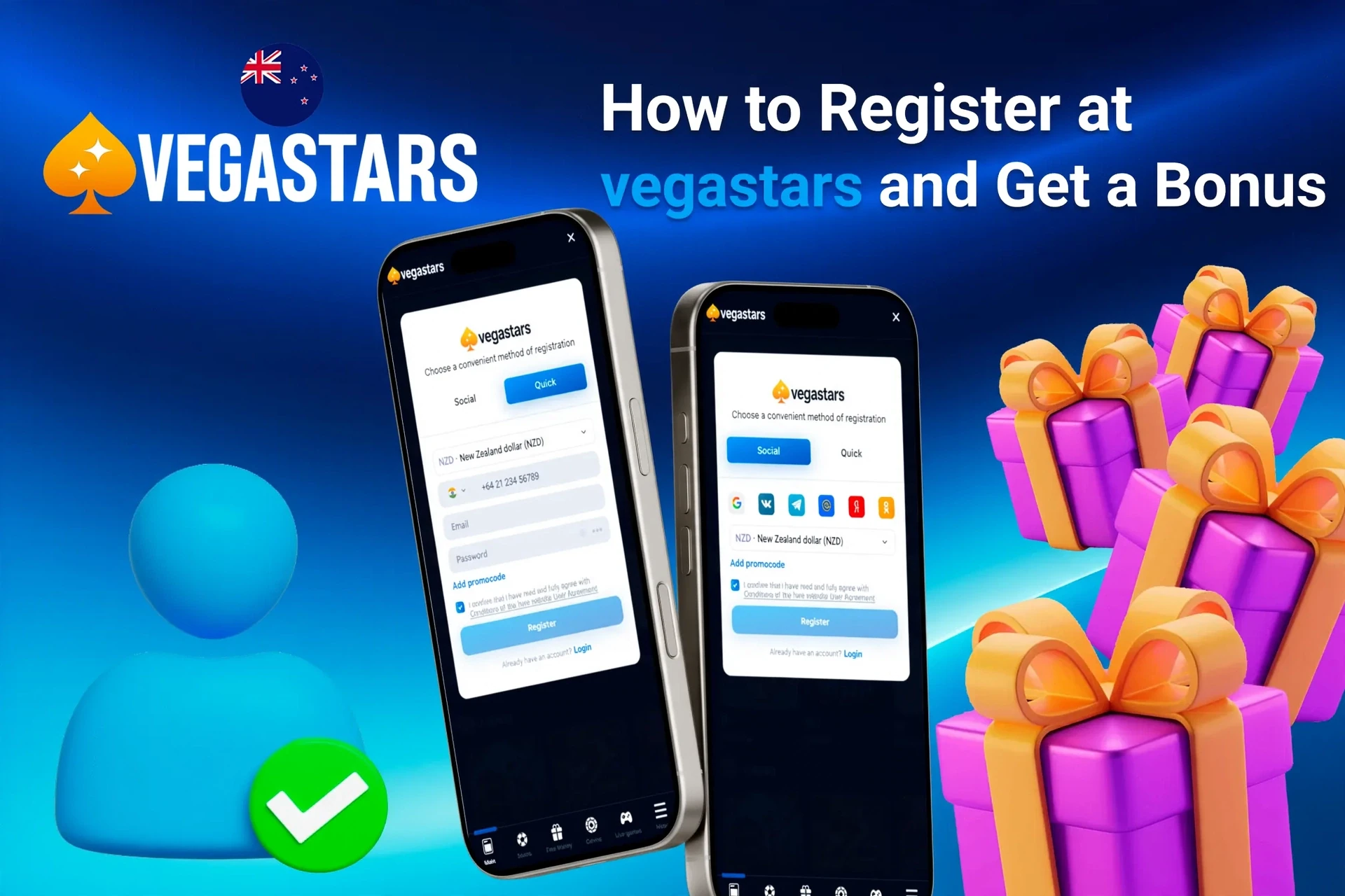 Mobile registration page for VegaStars showing bonus offers with purple and gold gift boxes
