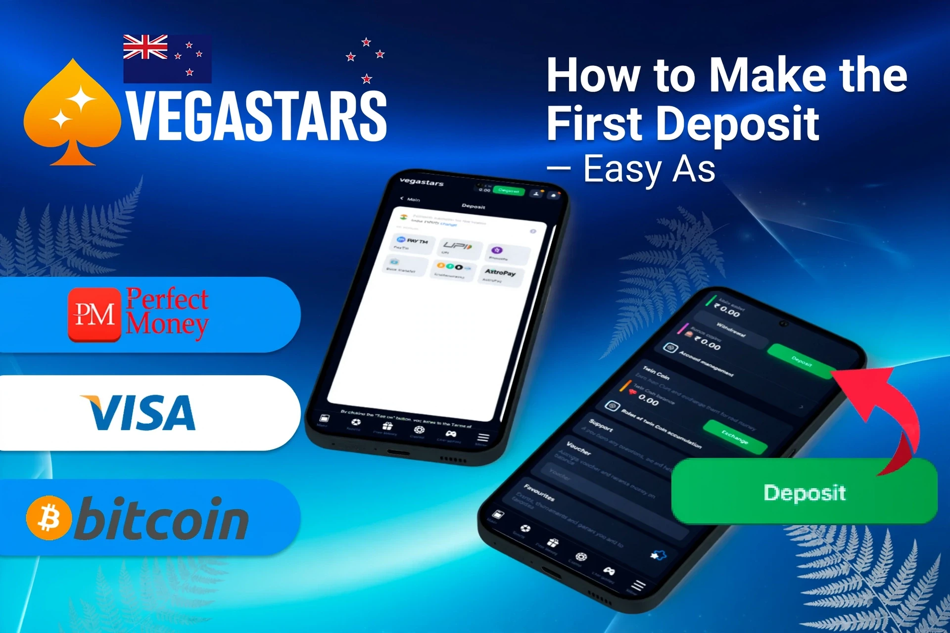 mobile screen showing deposit options including Visa, Apple Pay, and Bitcoin, with a deposit button
