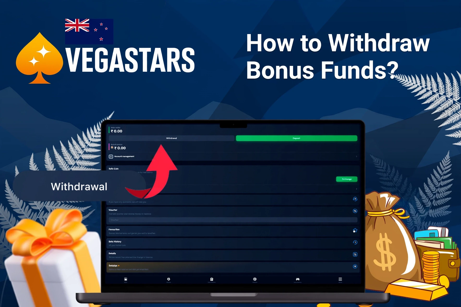 Laptop screen showing VegaStars withdrawal options with money bags and gift boxes in the background
