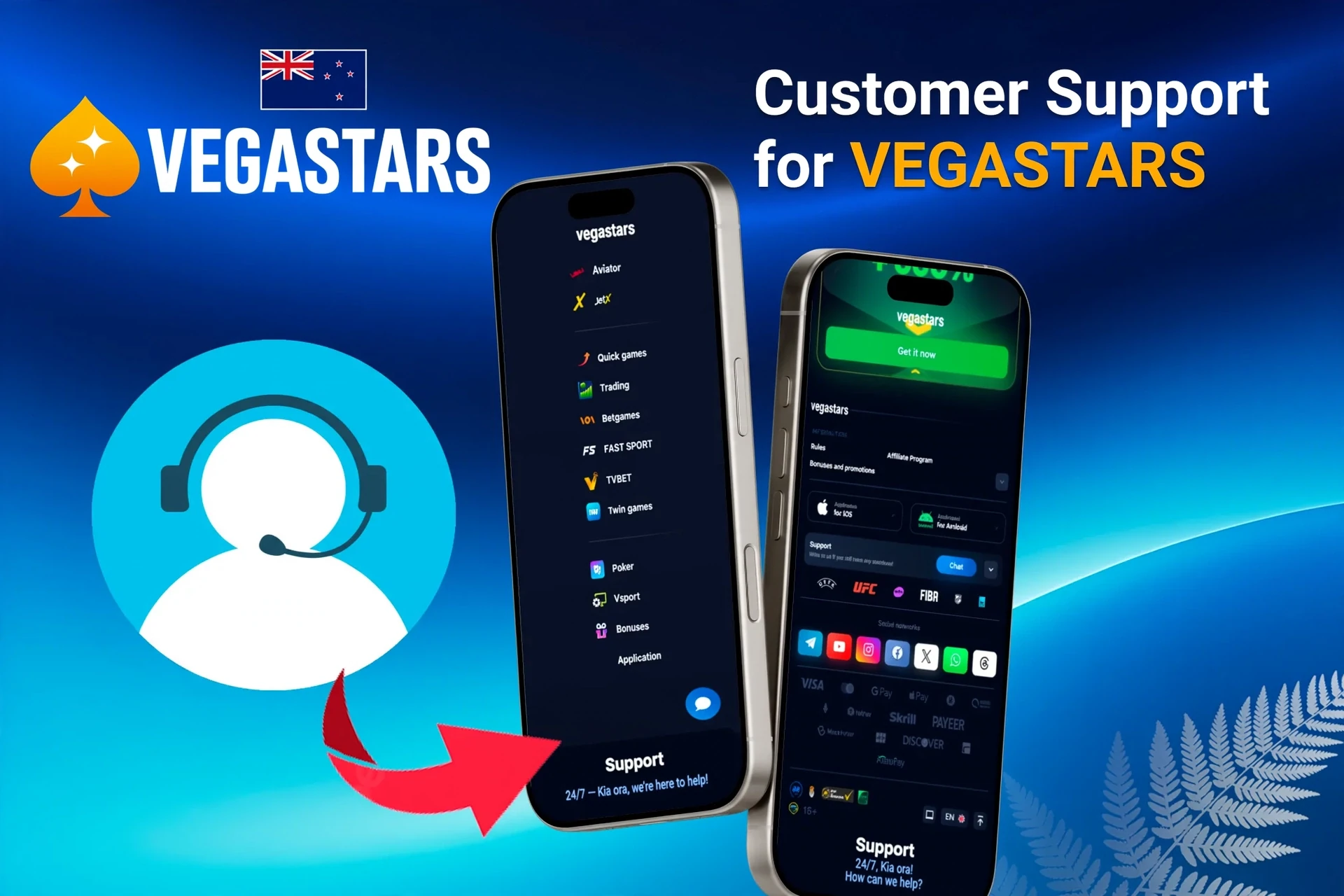 Customer support feature for the VegaStars site, highlighting options for contacting support through the platform