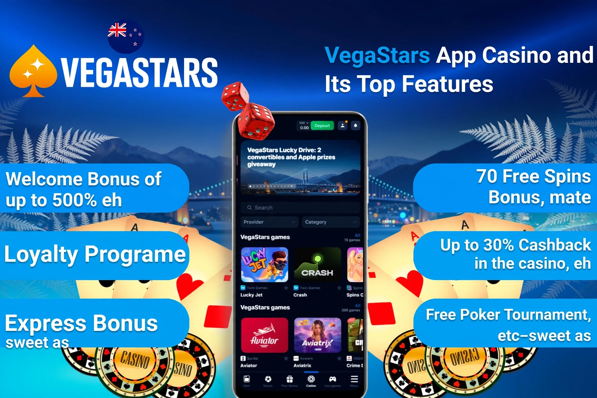 VegaStars Casino top features including welcome bonus, loyalty program, and express bonus on mobile interface