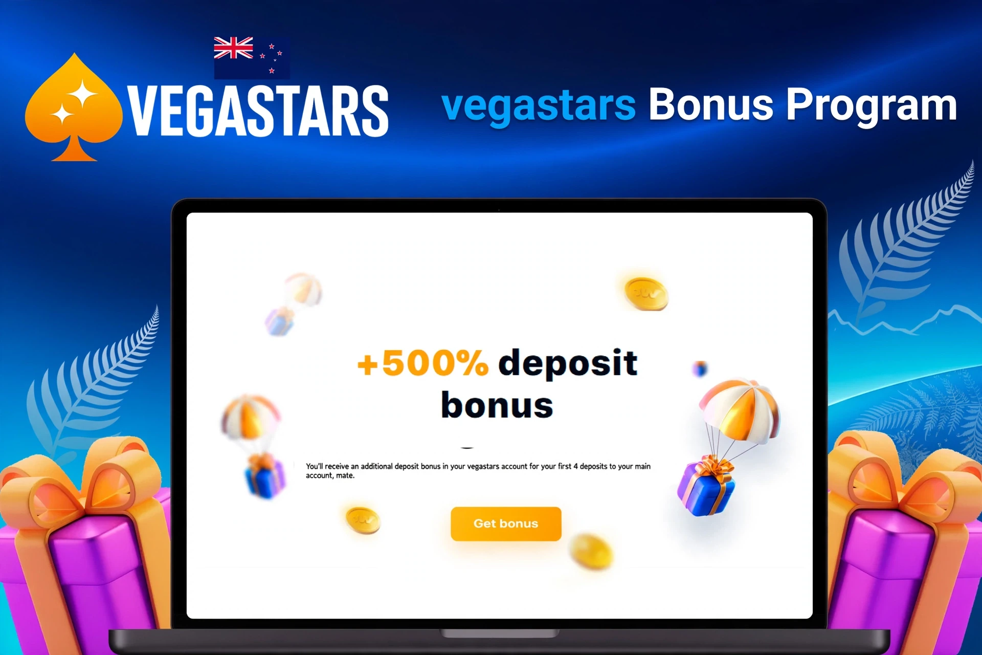 Laptop showing welcome bonus offer with floating coins and gifts