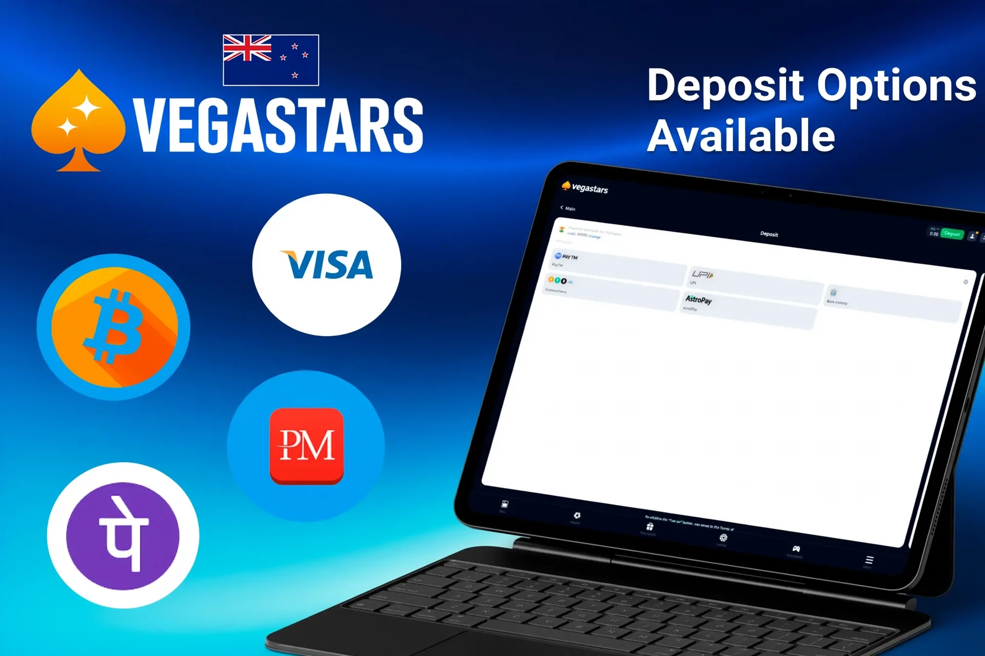 Deposit options available on VegaStars platform, including Bitcoin, Visa, Apple Pay, and e-wallets, displayed on a tablet
