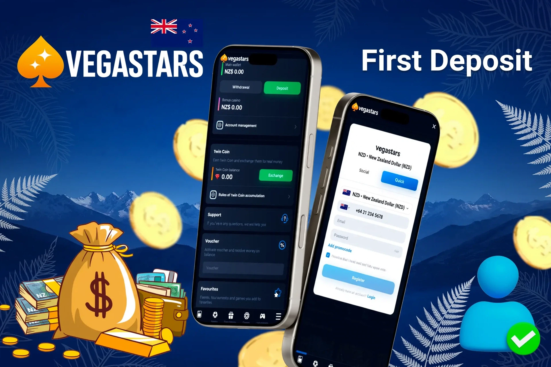 mobile interface showing steps to make the first deposit at VegaStars, with icons for payment options and bonus registration