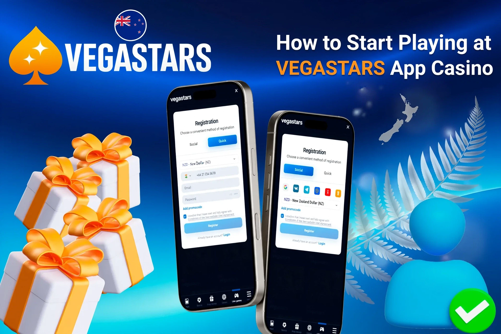 VegaStars app registration screen on mobile with easy-to-follow steps and gift box icons