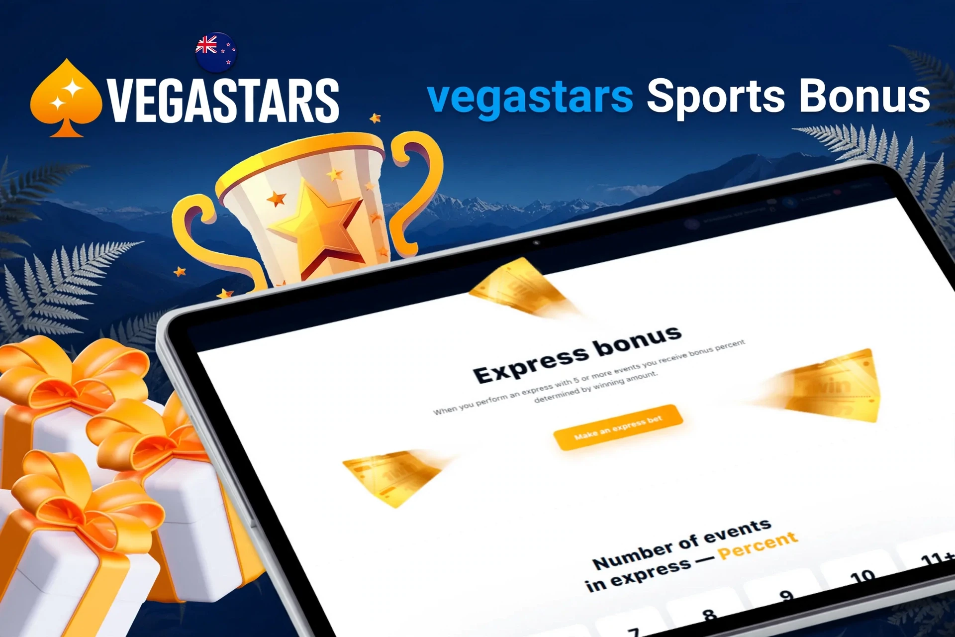 Tablet screen with express bonus offer for sports betting from VegaStars, with trophy and gift boxes.