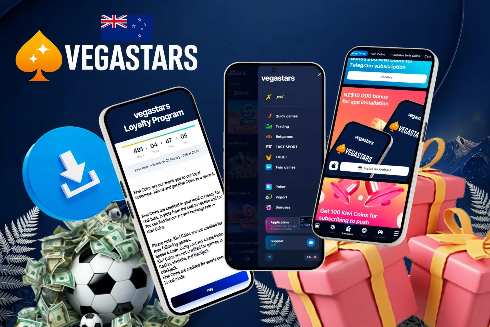 Mobile screens showing loyalty program, app installation bonus, and football icon with download button