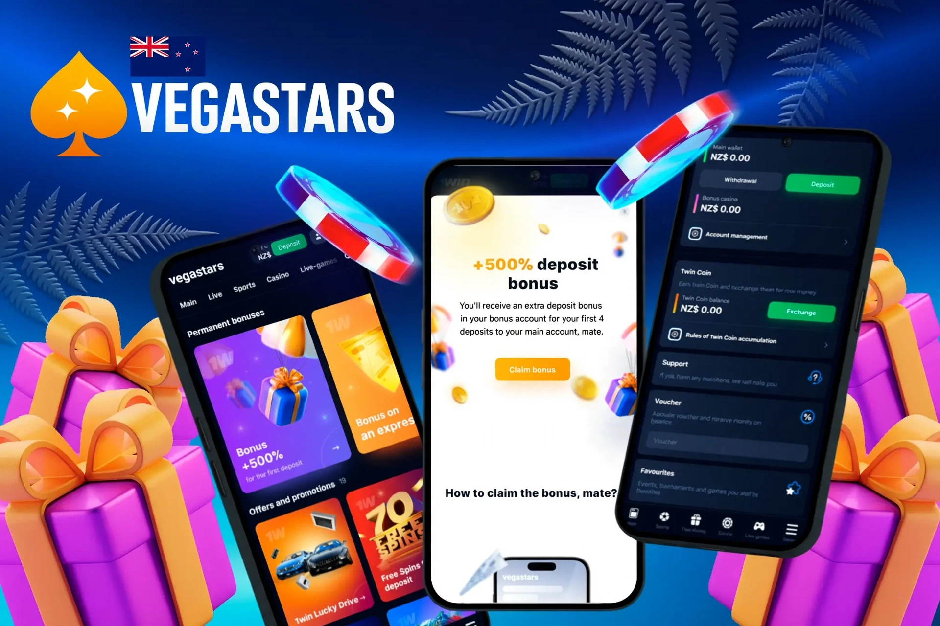 mobile screen showing steps to claim a VegaStars welcome bonus of NZ$6,000 and 125 free spins with colorful casino graphics