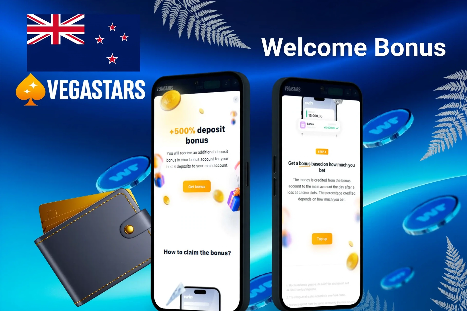 VegaStars welcome bonus screen showing the welcome package up to NZ$6,000 plus 125 Free Spins across the first three deposits, displayed on two mobile screens