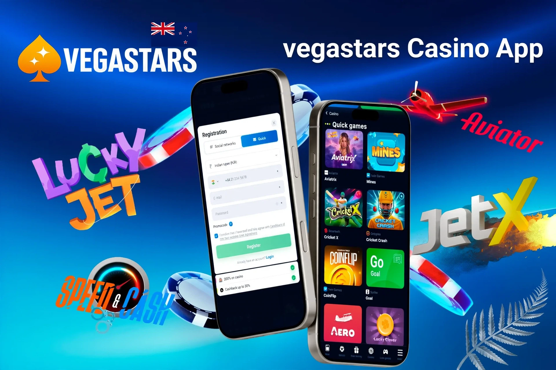 VegaStars Casino app registration screen with quick games like Aviatrix and JetX