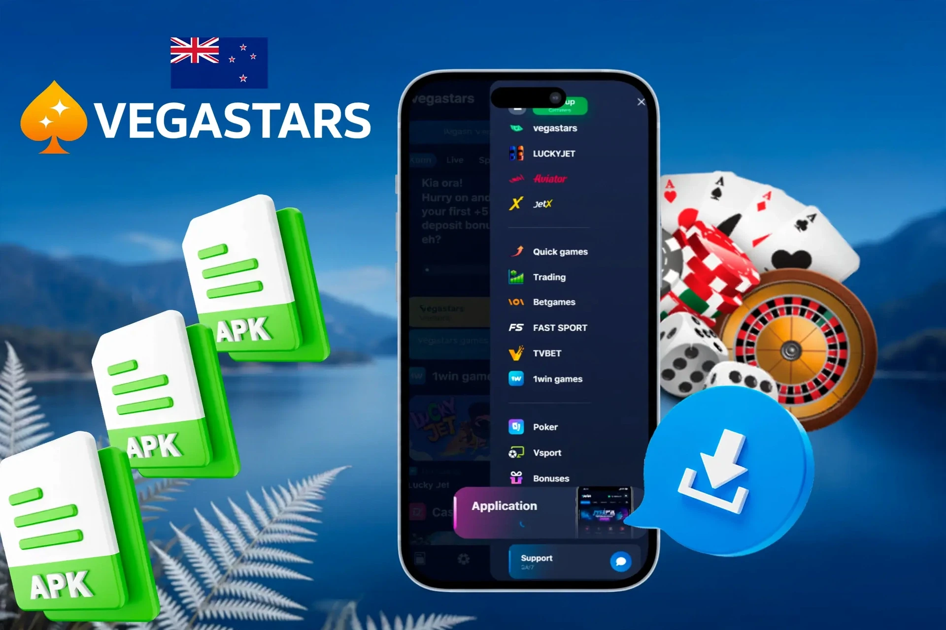 VegaStars mobile interface with APK icons and casino chips illustrating mobile access to VegaStars games