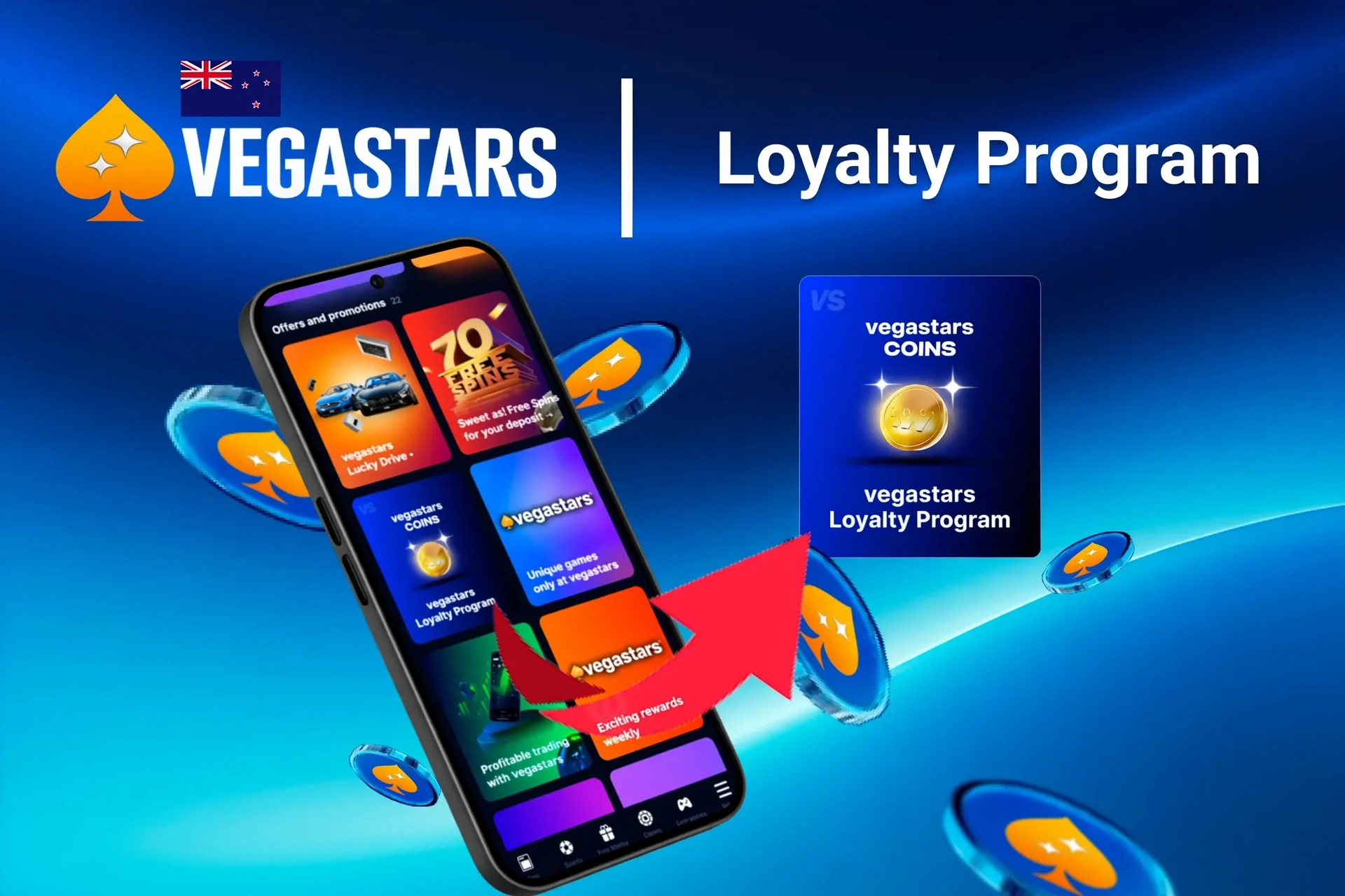 Mobile app showing VegaStars loyalty program and offers like free spins and Lucky Drive.