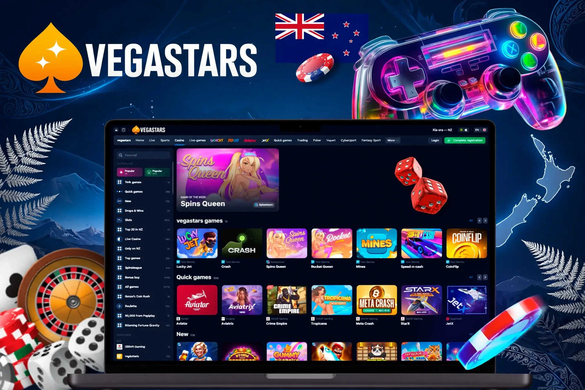 mobile app interface displaying various VegaStars games like slots, crash and live dealer titles with a colorful controller icon