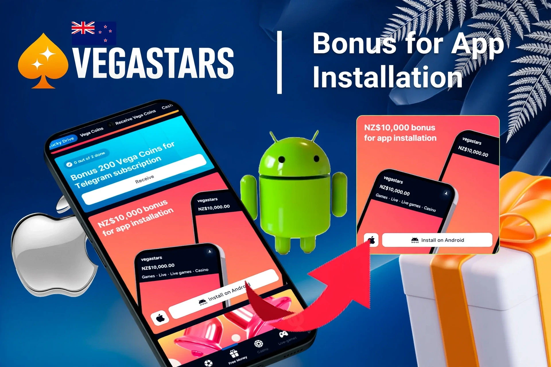 1Win bonus offer for app installation on mobile with Android and Apple logos, and gift boxes