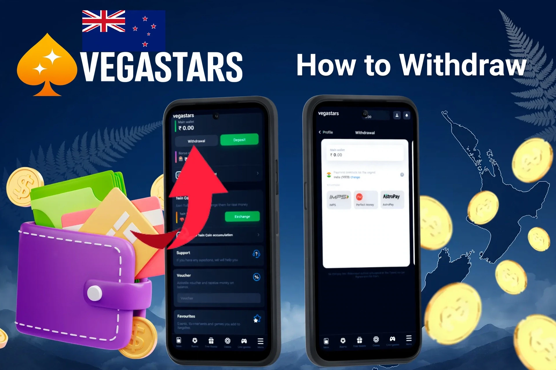 mobile interface showing VegaStars withdrawal process with an arrow pointing to withdrawal options and available wallet balance
