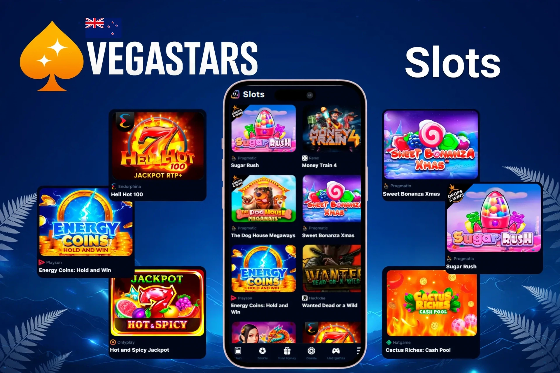 Slot games showcasing popular titles like Sugar Rush, Energy Coins, and Hell Hot 100 on mobile and desktop