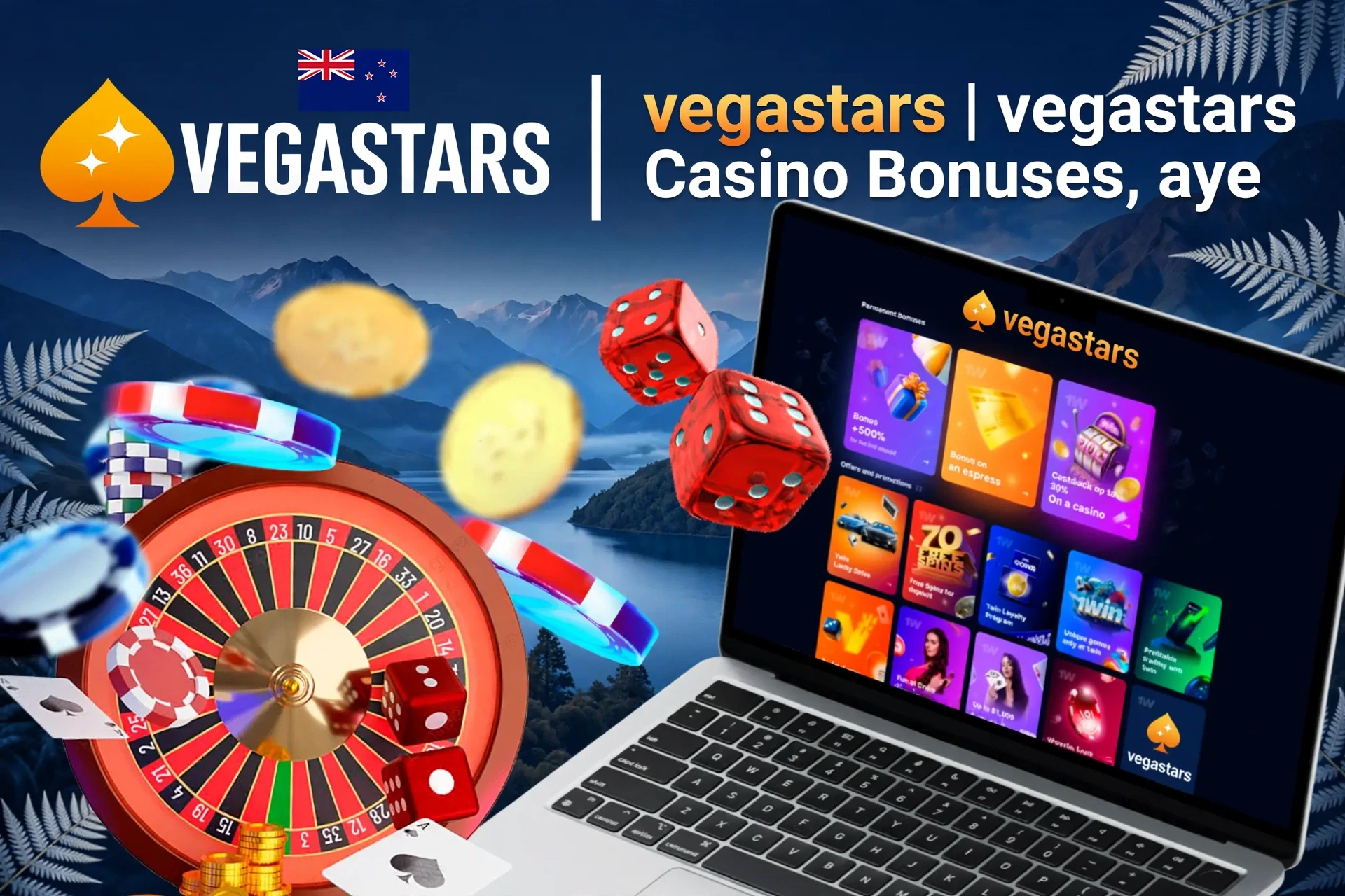 Laptop screen showing various 1Win casino bonuses with roulette, dice, and poker chips