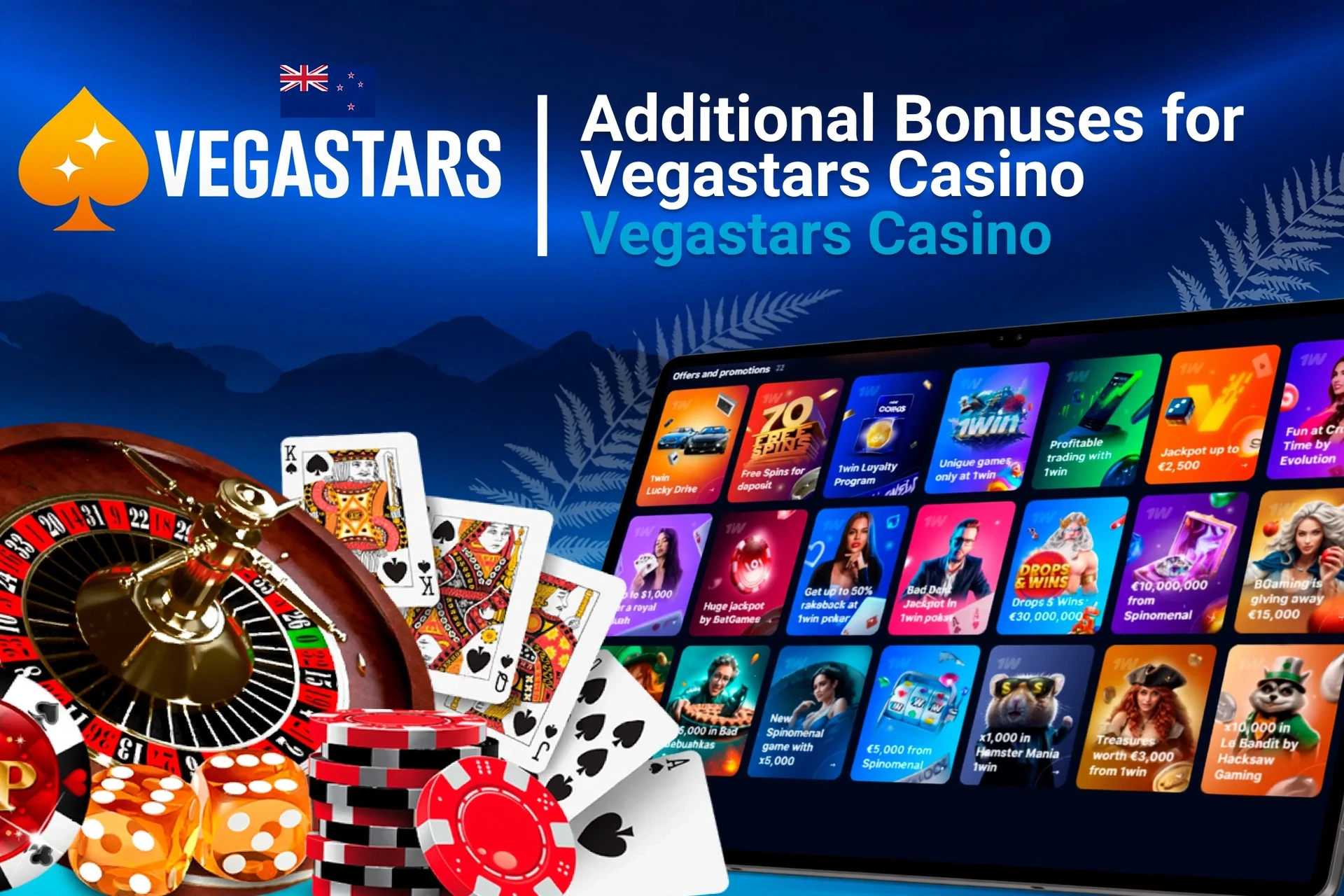 Mobile app showing casino game offers like loyalty program and free spins with poker chips and cards