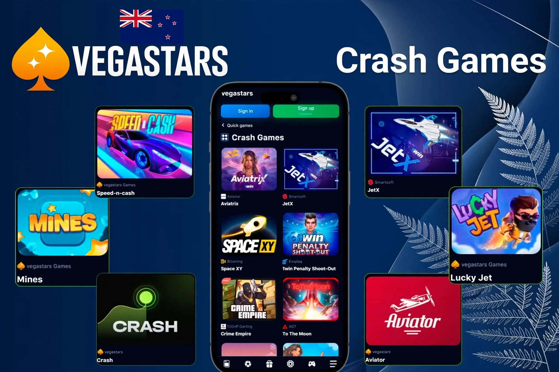 Crash games like Mines, Speed-n-Cash, JetX and Lucky Jet shown on a mobile interface