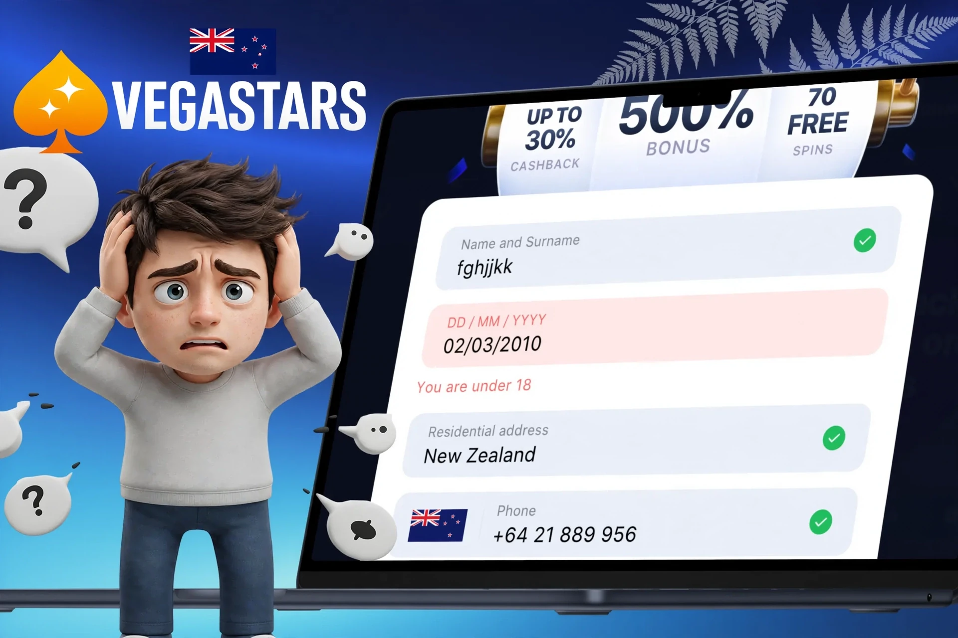 Description of possible difficulties when registering on VegaStars